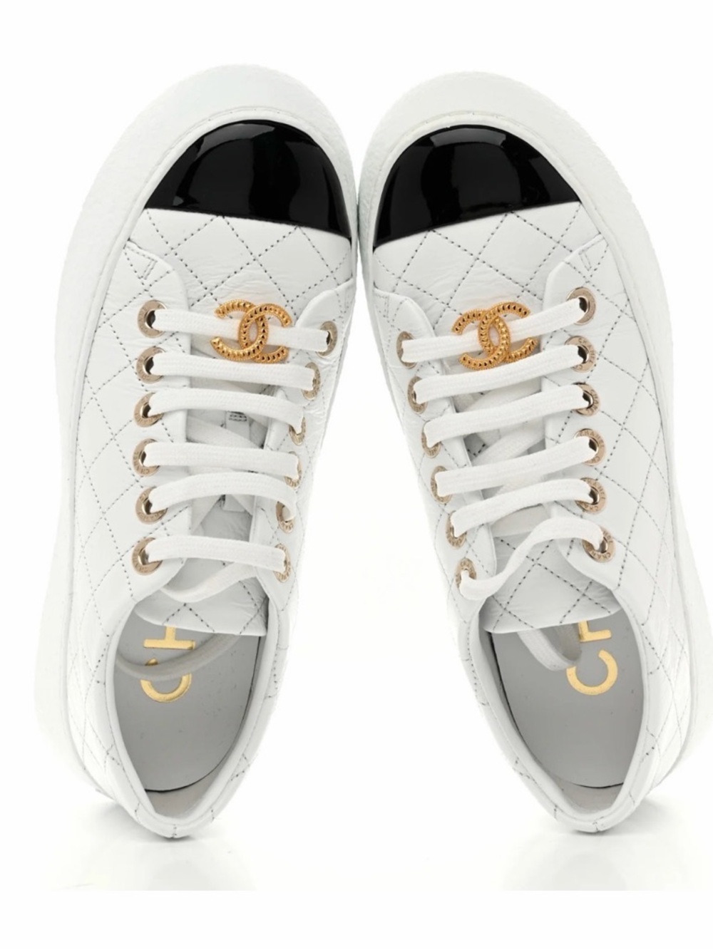 CHANEL- Crumpled Lambskin Patent Cap Toe CC Stitched Sneakers 38  White Black